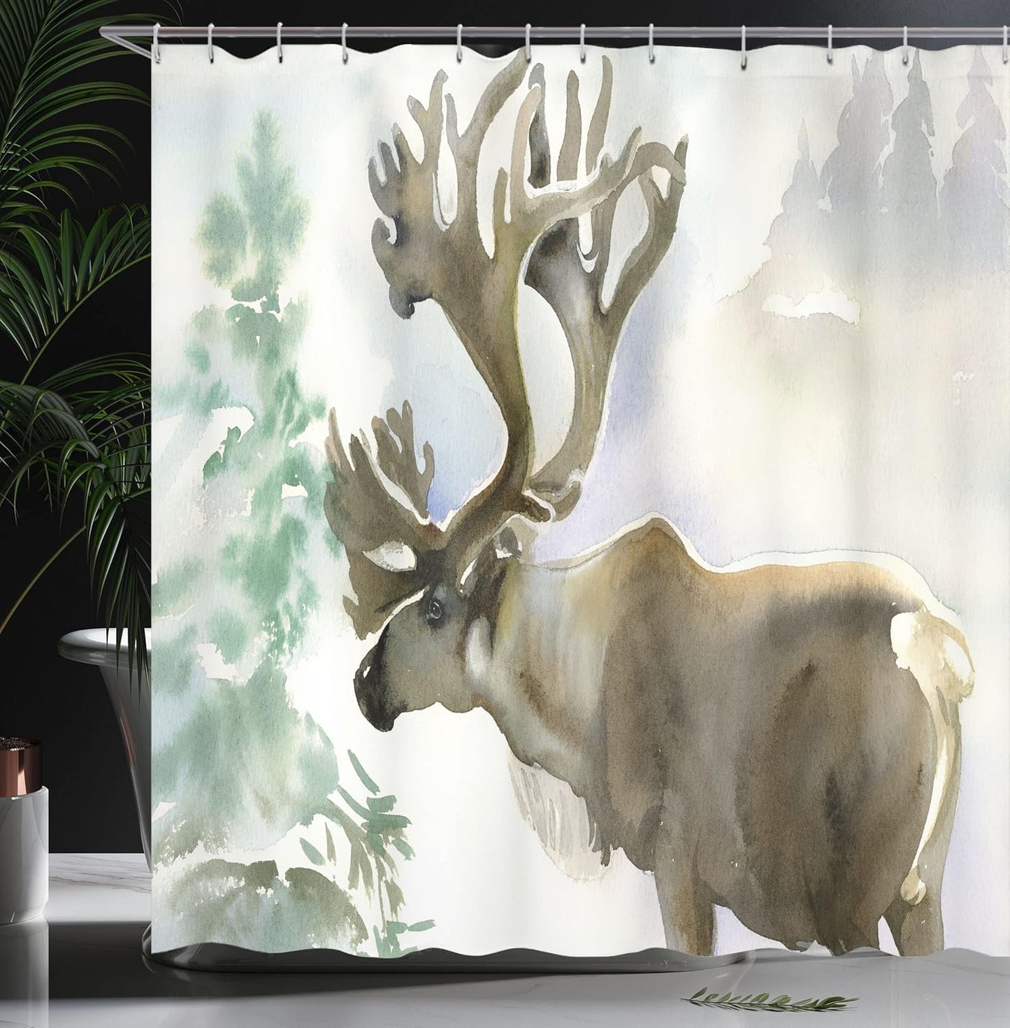 Moose Antlers Shower Curtain - Winter Forest Wildlife Decor, 69" x 70", Christmas Theme