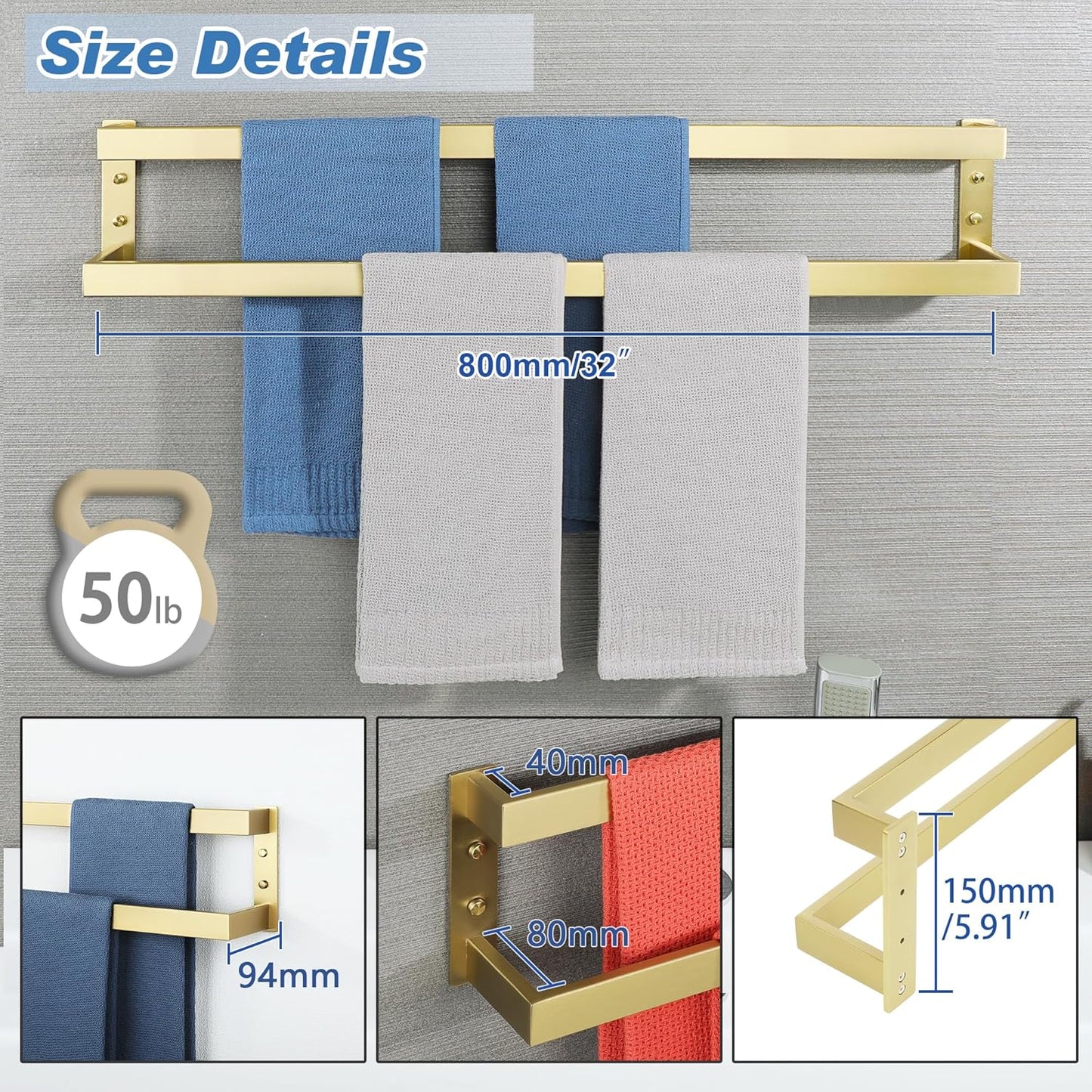 Alise Double Towel Bar 32", SUS304 Stainless Steel Towel Racks for Bathroom Wall Mounted, Space Saving Bathroom Towel Holder, Long Towel Hanger, Brushed Gold