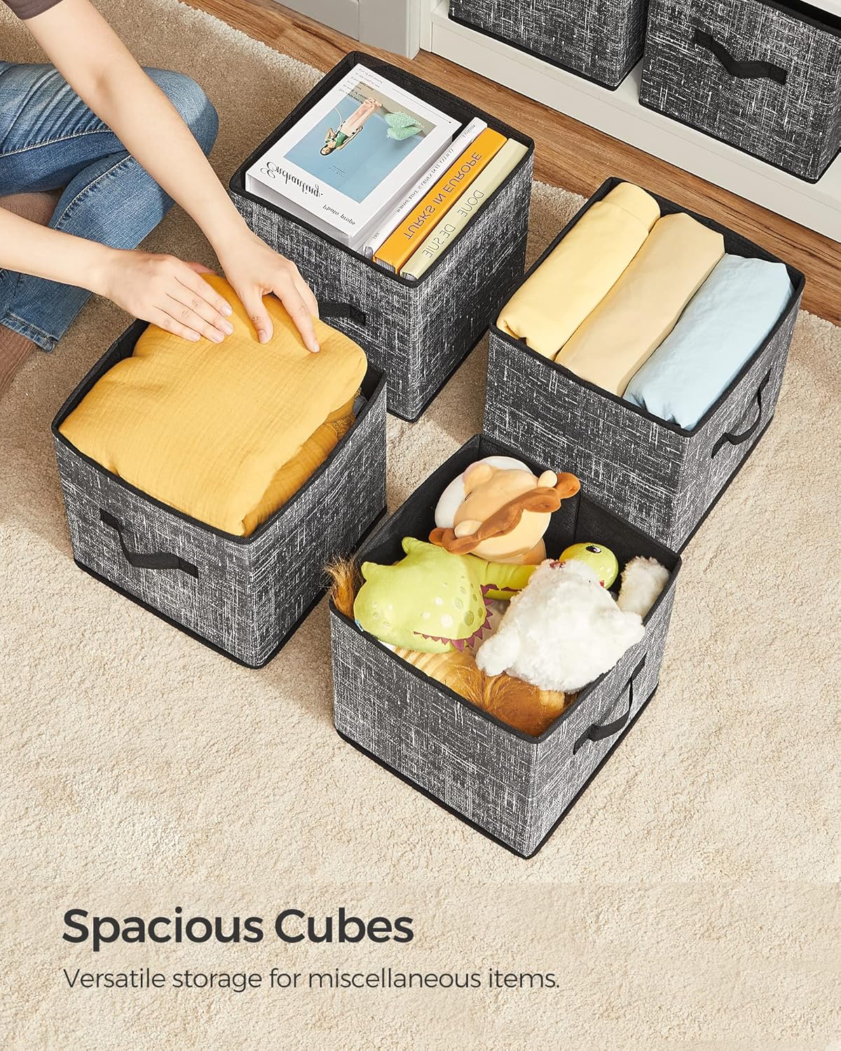 SONGMICS Storage Cubes - 11-Inch Non-Woven Fabric Bins with Double Handles - Set of 6, Classic Black Closet Organizers