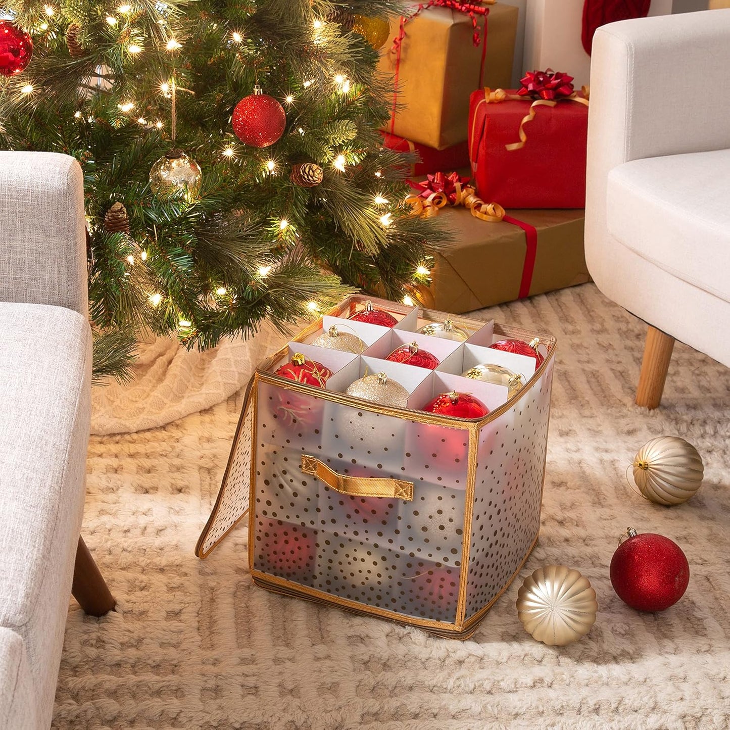 Ornament Storage Organizer for 112 Ornaments | Zipper Closure | Space-Saving Red Design