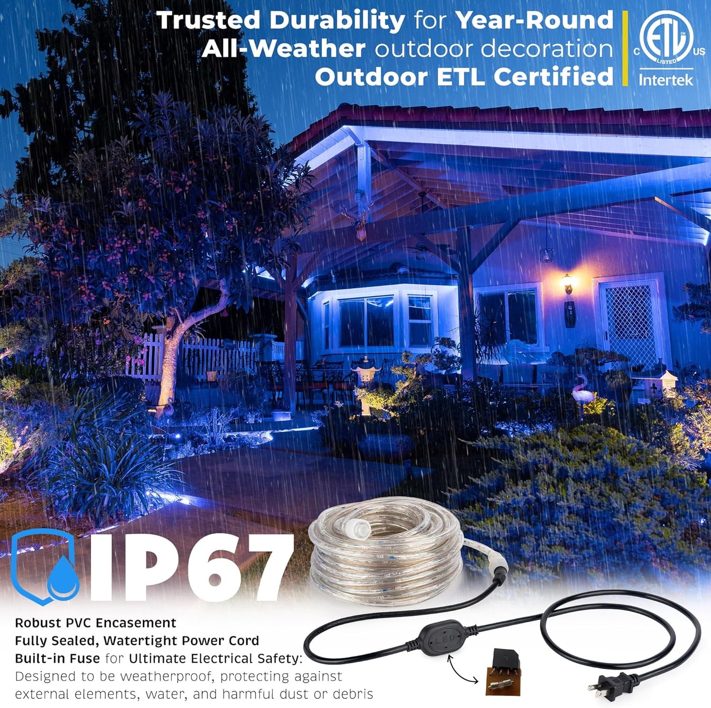 10ft Waterproof LED Rope Lights - 108 LEDs, Connectable Outdoor Christmas Decor
