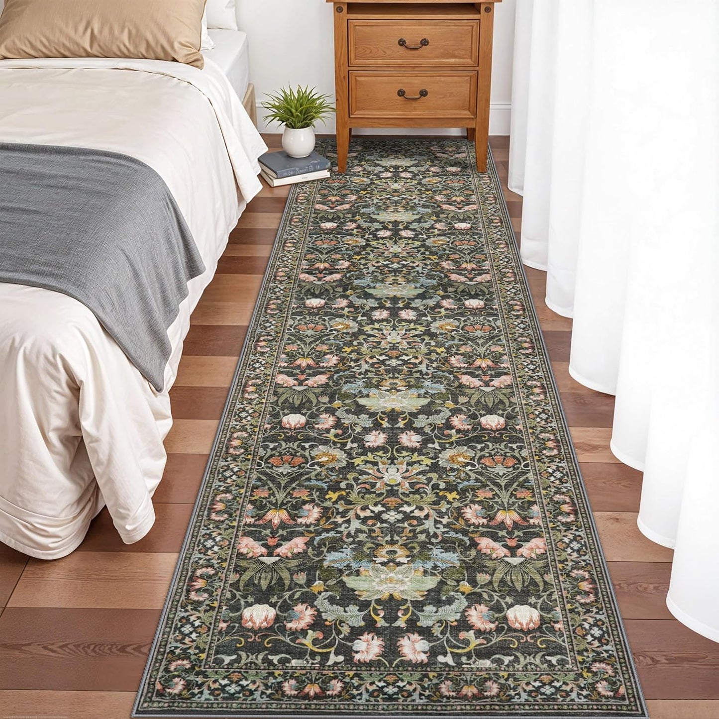 Skiennix Washable 2x8 Hallway Runner Rug - Vintage Water-Resistant, Ultra Soft, Non-Slip Backing | Green