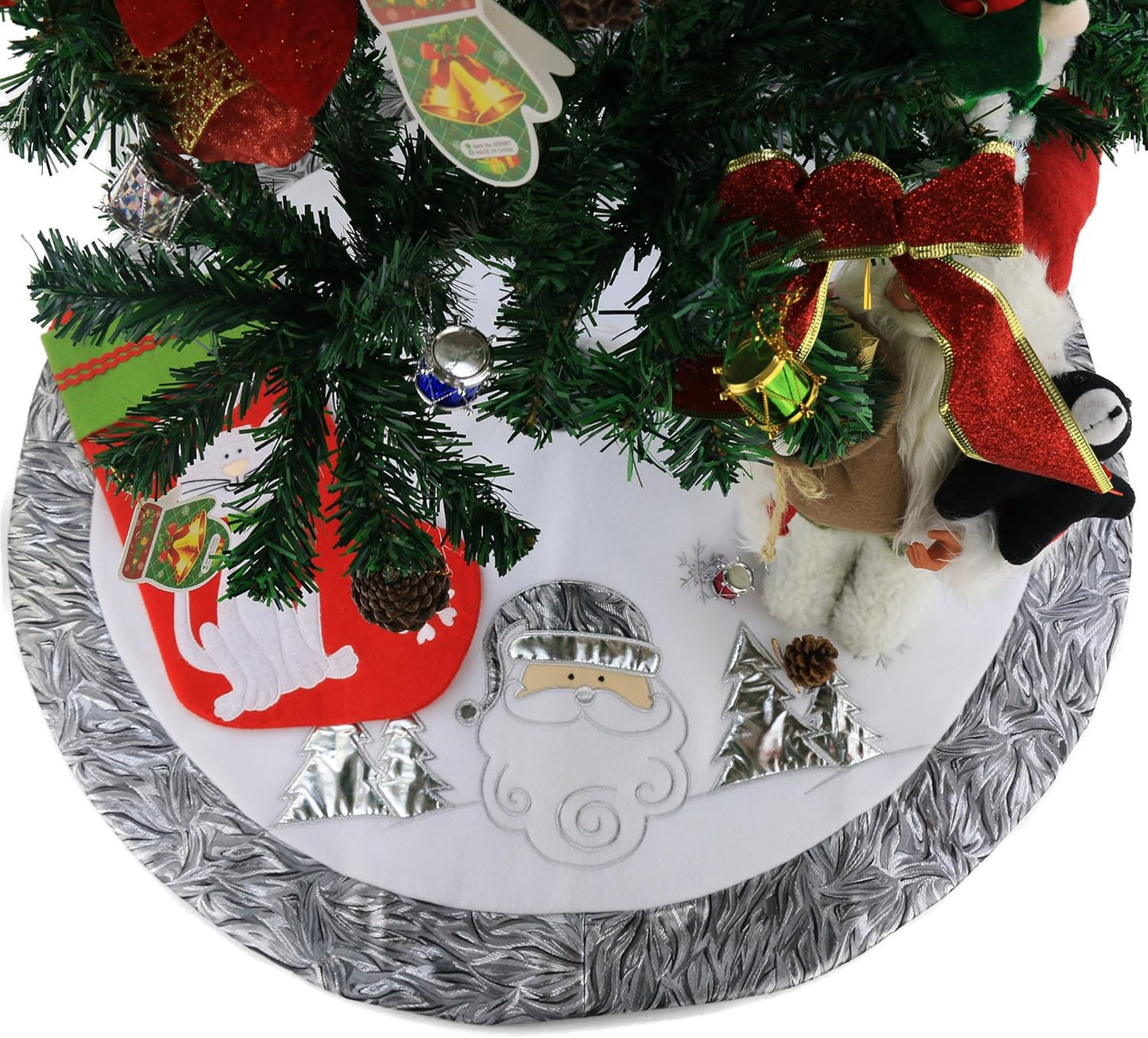 Luxury 36'' Snowman Christmas Tree Skirt - Silvery White Embroidered Snowflake with Satin Border