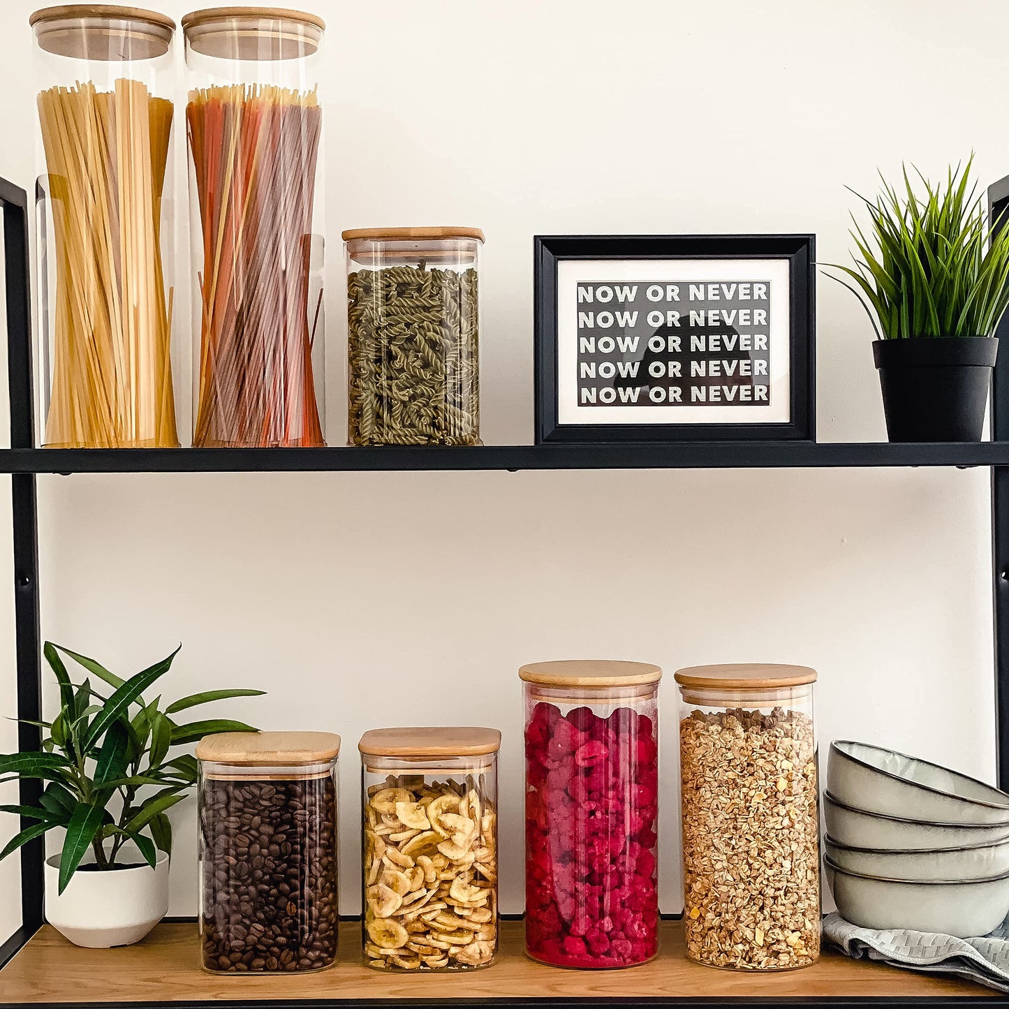 Praknu Glass Food Storage Jars 40oz Airtight Lid - Set of 4 Storage Container with Bamboo Lid - Clear Borosilicate Glass - Dishwasher Safe - Pantry Storage Containers