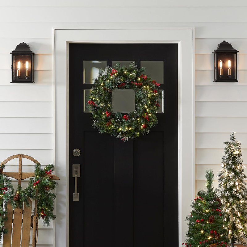 National Tree Company 24 in Pre-Lit Wintry Pine Flocked Artificial Christmas Wreath, Christmas Decoration with Pinecones, Red Berries, 50 Clear LED Lights, 113 Tips, Timer, Green
