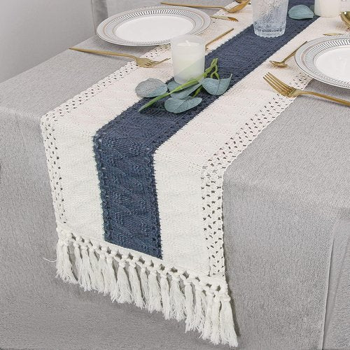 FEXIA Boho Table Decor 48 Inch Cream & Blue Macrame Runner with Tassels for Boho Dining & Bedroom Decor Rustic Bridal Shower (12x48 Inches)