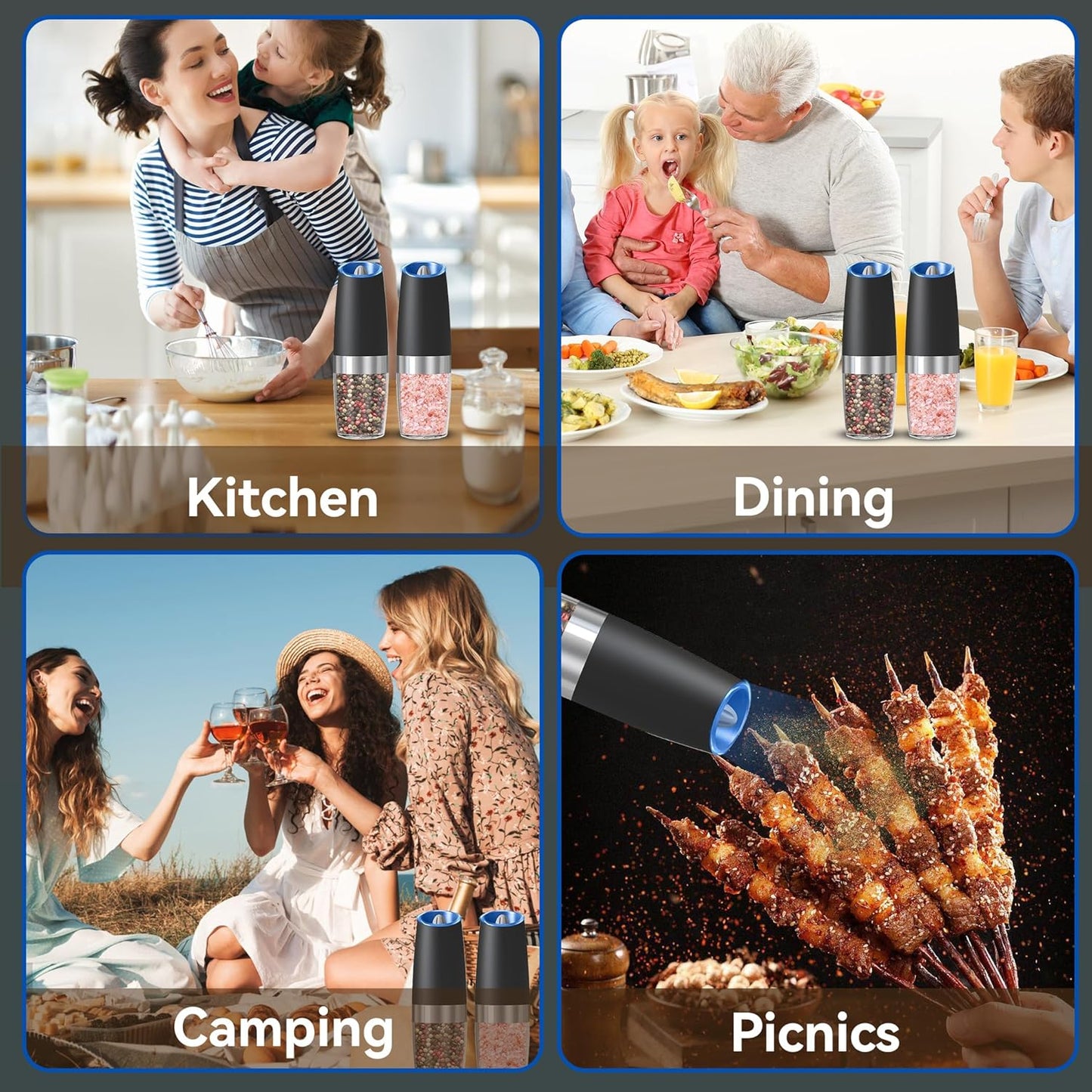 UNNEES Electric Salt and Pepper Grinder Set - Automatic, Adjustable Roughness, LED Light | 2 Pack (Black)
