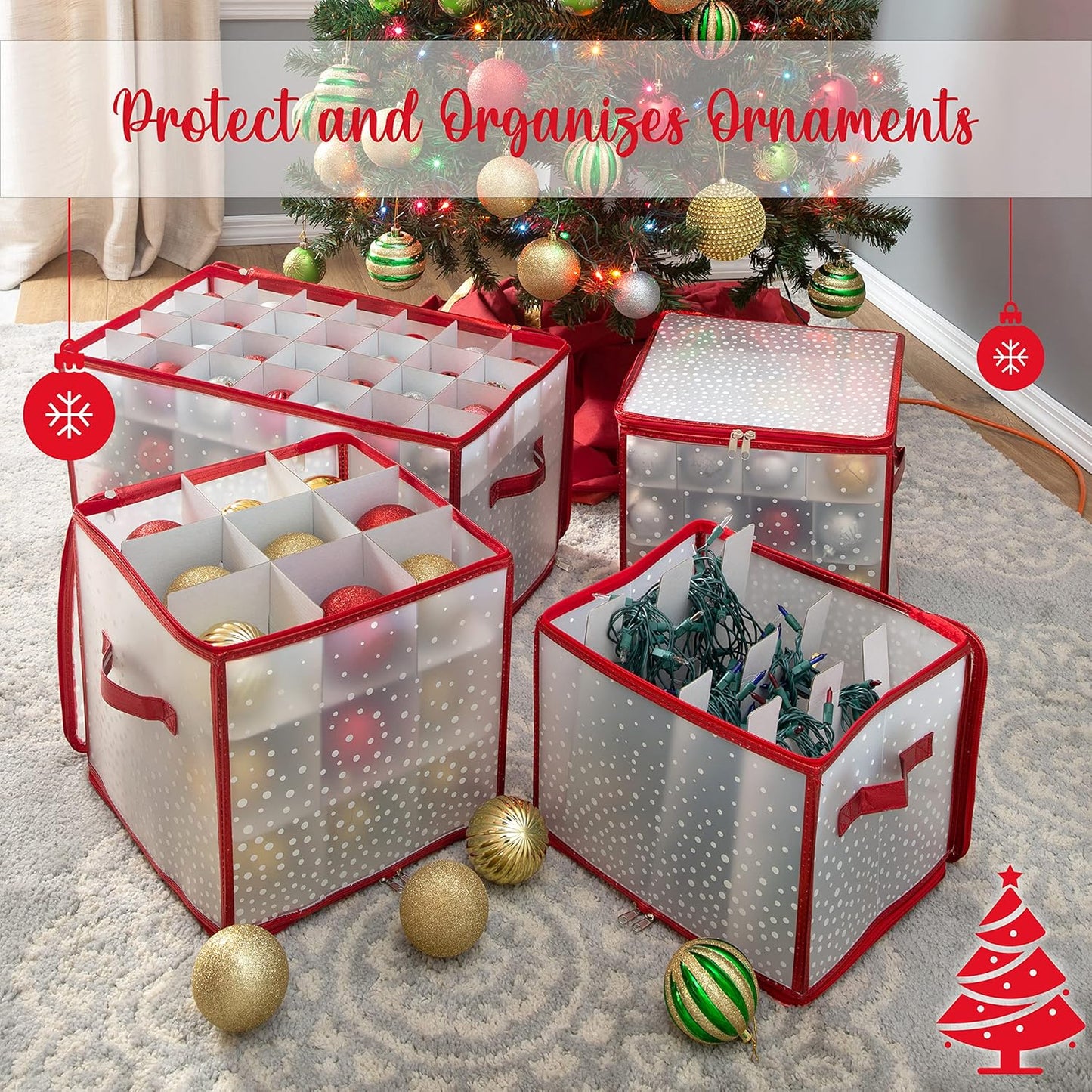 Ornament Storage Organizer for 112 Ornaments | Zipper Closure | Space-Saving Red Design