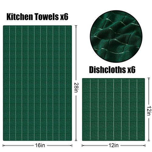Homaxy Microfiber Kitchen Towels and Dishcloths Set, 12 Pack Soft and Absorbent Dish Hand Towels Bulk, 28 x 16 Inch & 12 x 12 Inch Quick Drying Rags for Washing Dishes, Dark Green