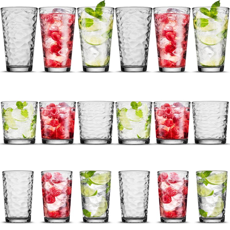 POPLASS Biscayne 18-Piece Family Drinking Glasses Set - Drinking Glassware Set with Highball Cooler, DOF (Double Old Fashioned), and Juice Glasses - 6 Each