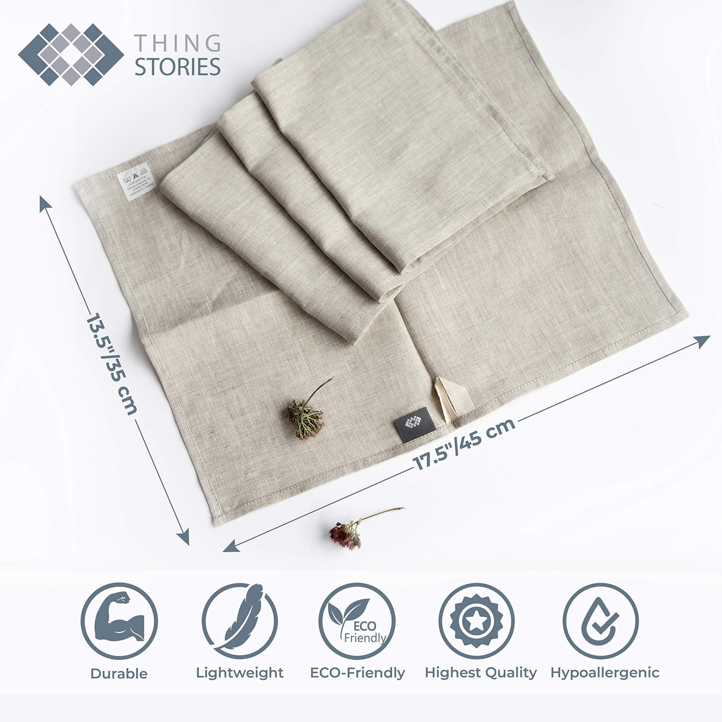 Thing Stories Pure Linen Flax Washcloths – 4-Pack Natural Dish Towels Set – Linen Tea Towel Cloth Napkins – Small Hand Towels for Kitchen – Durable, Lint-Resistant, Highly Absorbent
