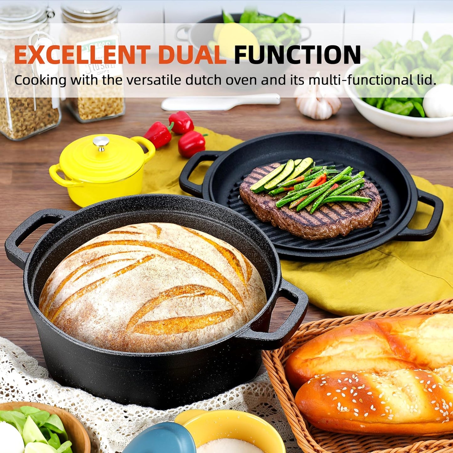 Pre-Seasoned Cast Iron 2-In-1 Heavy-Duty 5.5qt Dutch Oven With Skillet Lid Set, Oven,Grill, Stove Top, BBQ and Induction Safe