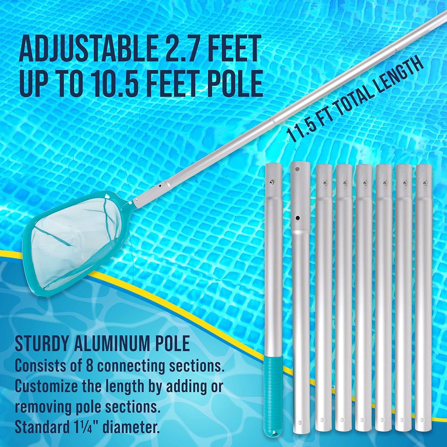 U.S. Pool Supply 11.5-Foot Leaf Skimmer Net - Telescopic Aluminum Pole, Ultra Fine Mesh for Debris Removal