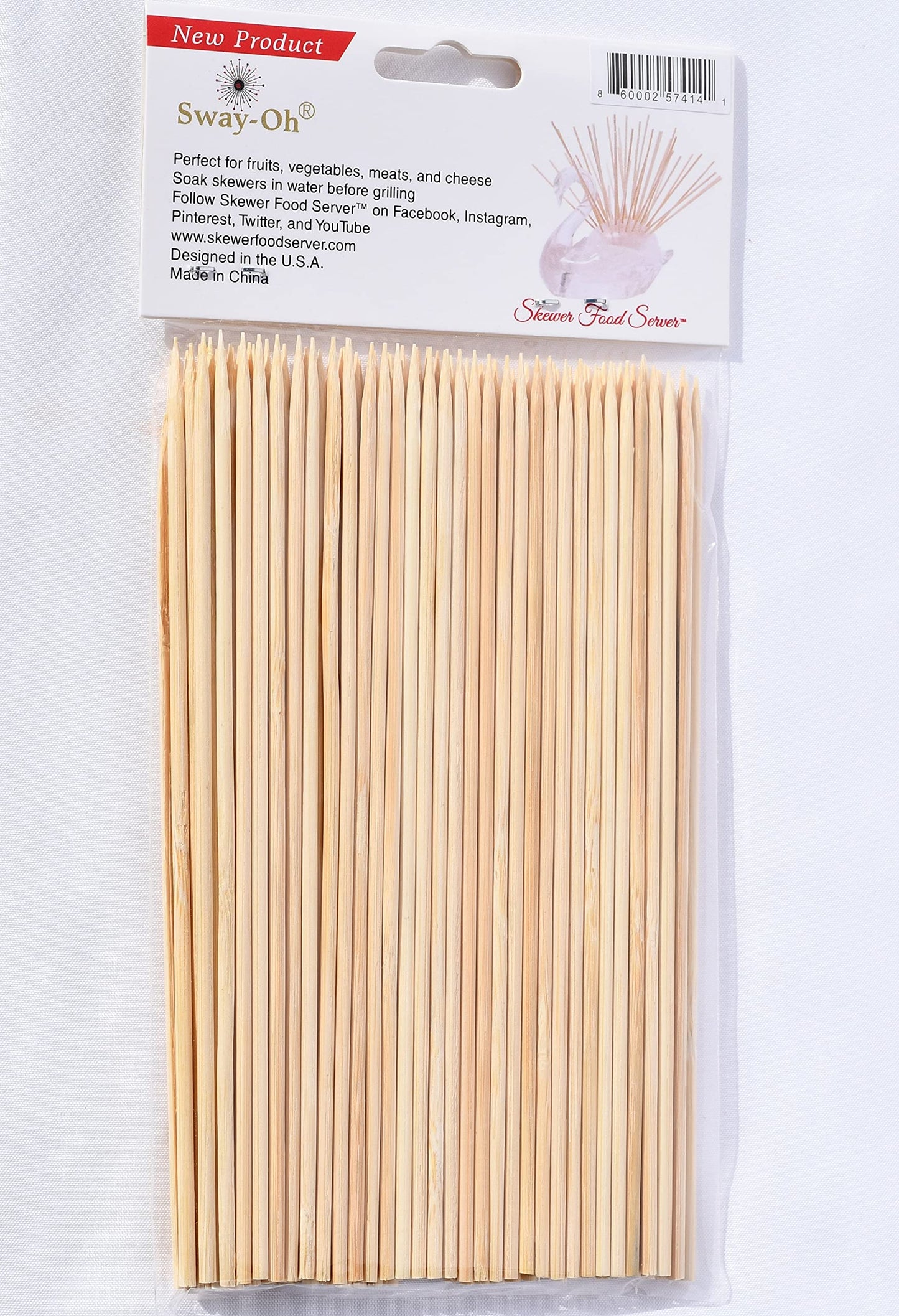 Sway-Oh 6" Natural Bamboo Skewers, 100 Count - Ø=2mm. Natural Bamboo. Strong, durable, bamboo skewers to display bite-sized fruits, vegetables, meats, cheese, desserts, and other appetizers.