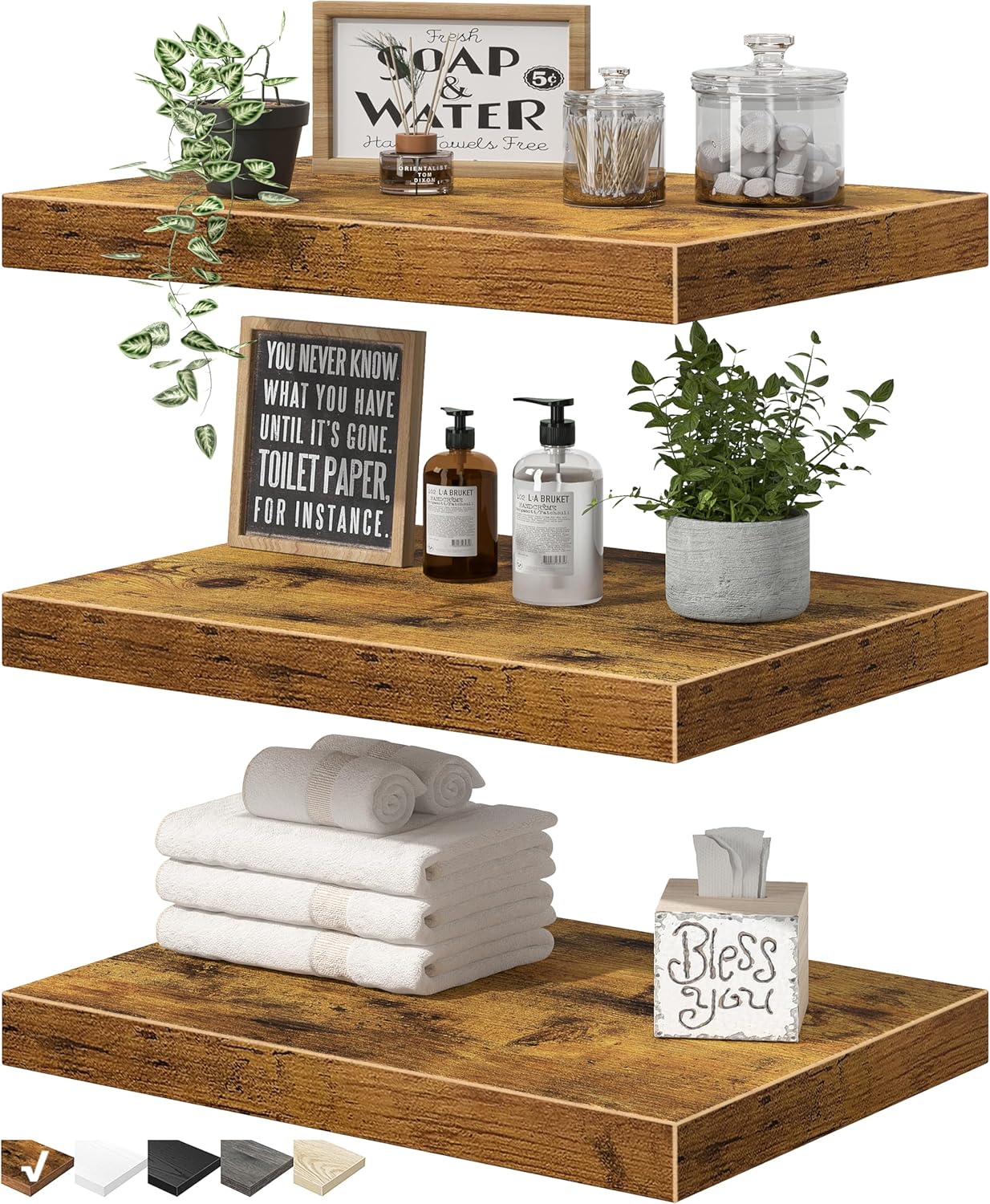 QEEIG 10" Deep Floating Shelves - Rustic Brown Set of 3 for Bathroom, Bedroom & Living Room