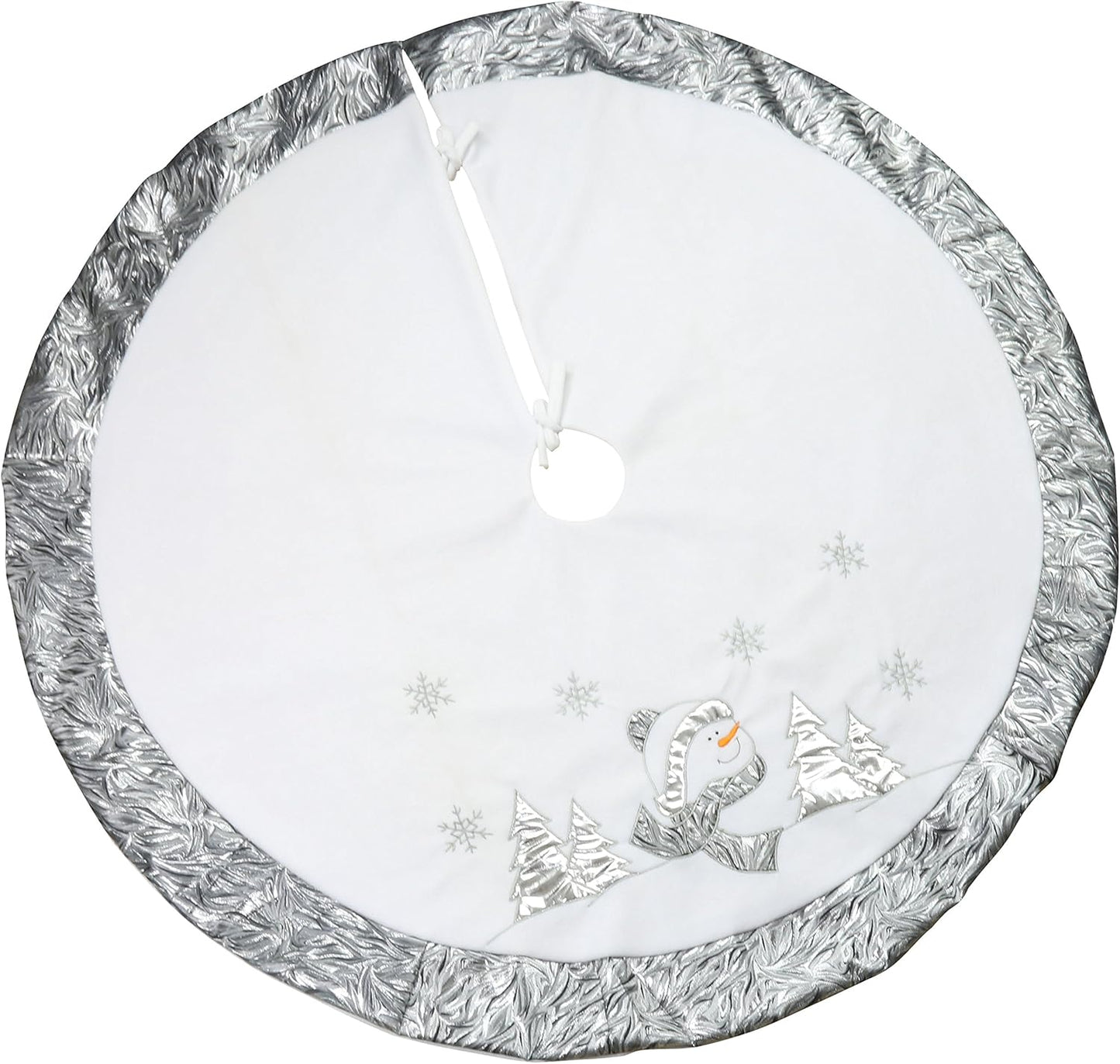 Luxury 36'' Snowman Christmas Tree Skirt - Silvery White Embroidered Snowflake with Satin Border