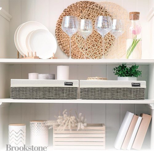 Brookstone Wicker Storage Baskets - Two Pack Set for Bathroom & Closet Organization | Grey with Fabric Liner
