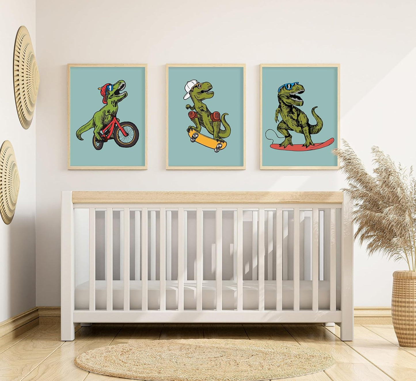 Skiennix Funny Dinosaur Nursery Canvas Wall Art - Surfing & Skateboarding Design | Perfect for Boys' Room Decor
