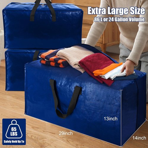 Cosy Family Extra Large Moving Bags - Heavy Duty Storage Totes with Backpack Straps & Strong Zippers | Set of 4, Blue