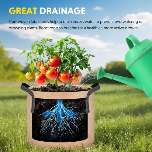 iPower 5-Pack Plant Grow Bags - Durable 5 Gallon Nonwoven Aeration Pots with Strap Handles | Tan