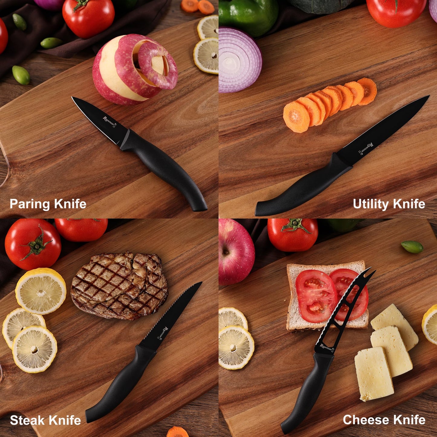 ROMANTICIST Kitchen Knife Sets, 10PCS High Carbon Stainless Steel Knife Sets with Block, Black Knife Block Set, Knives Set for Kitchen with Anti-slip Handle, Exquisite Knives Set New Home Essentials