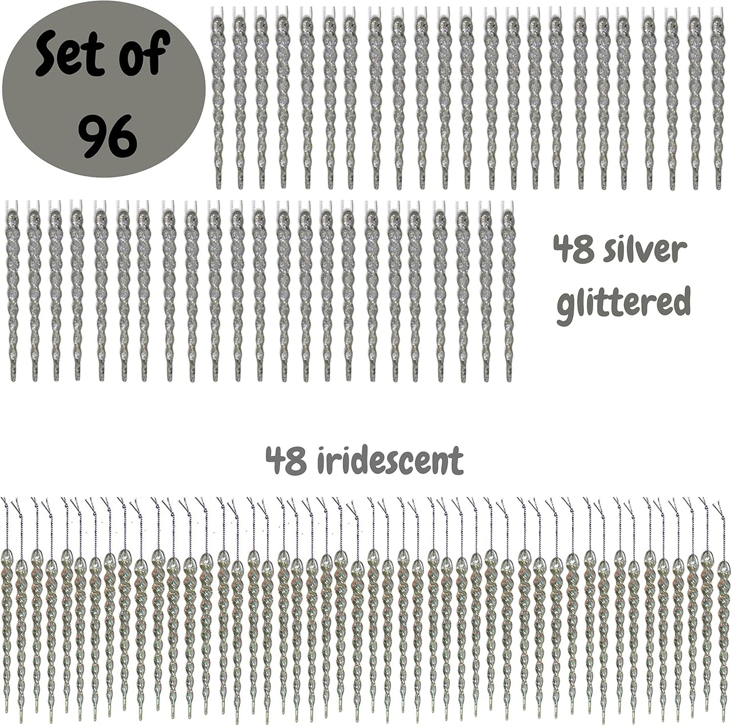 48-Piece Shatterproof Icicle Ornaments Set for Christmas Trees - 24 Glitter Silver & 24 Clear Iridescent - 5” Long