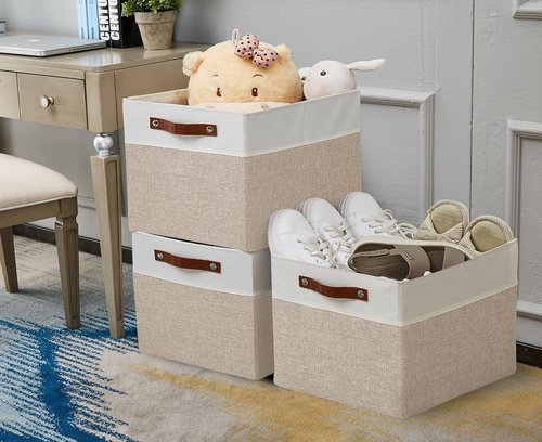 DECOMOMO Kallax Storage Cubes - 13x15x13 Organizing Bins in Beige and White | 3-Pack for Easy Shelving