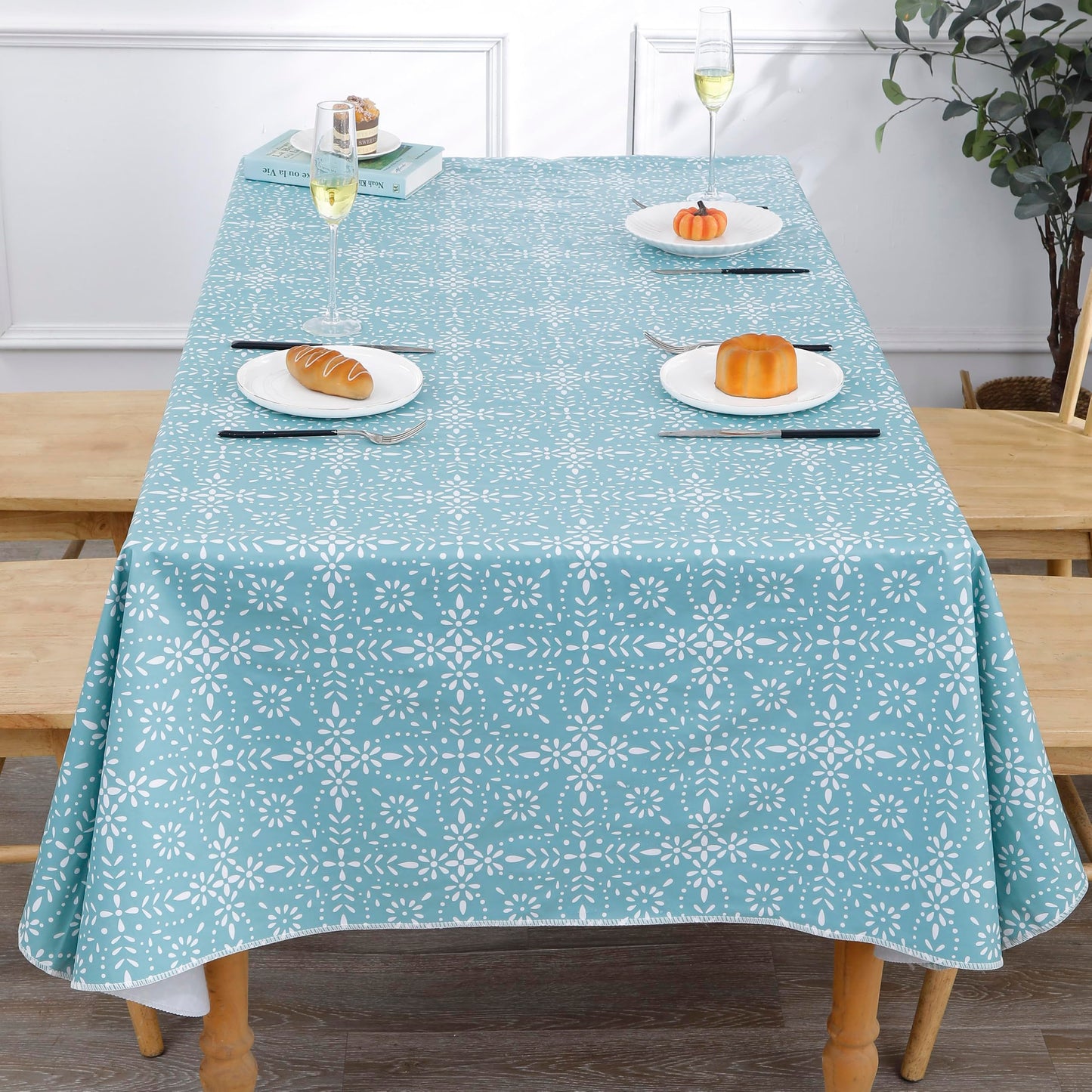Walrus Heavy Duty Vinyl Tablecloth with Flannel Backing Waterproof Oil-Proof Plastic Table Cloth Stain-Resistant Wipeable Table Cover for Indoor and Outdoor (Perforated Floral,54x54 Inch)
