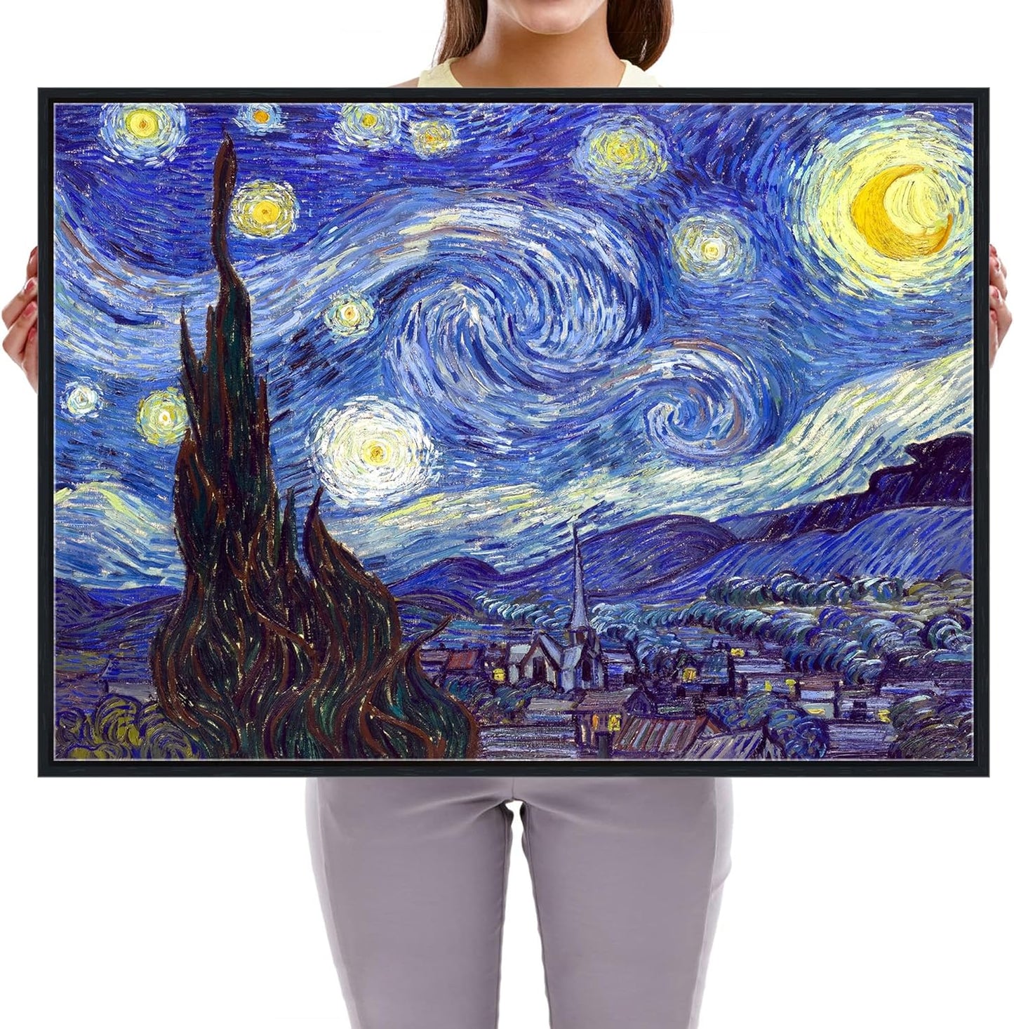 Pyradecor Black Framed Canvas Wall Art Large Starry Night Van Gogh Oil Paintings Reproduction Canvas Prints Abstract Pictures for Home Office Decorations