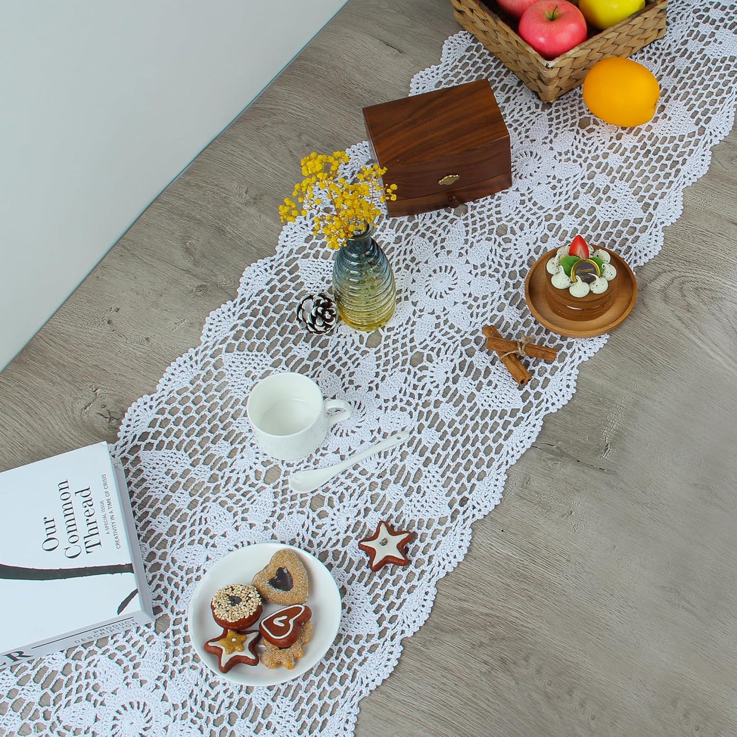 Handmade Crochet Lace Table Runner 15x51 Inch - Elegant White Décor