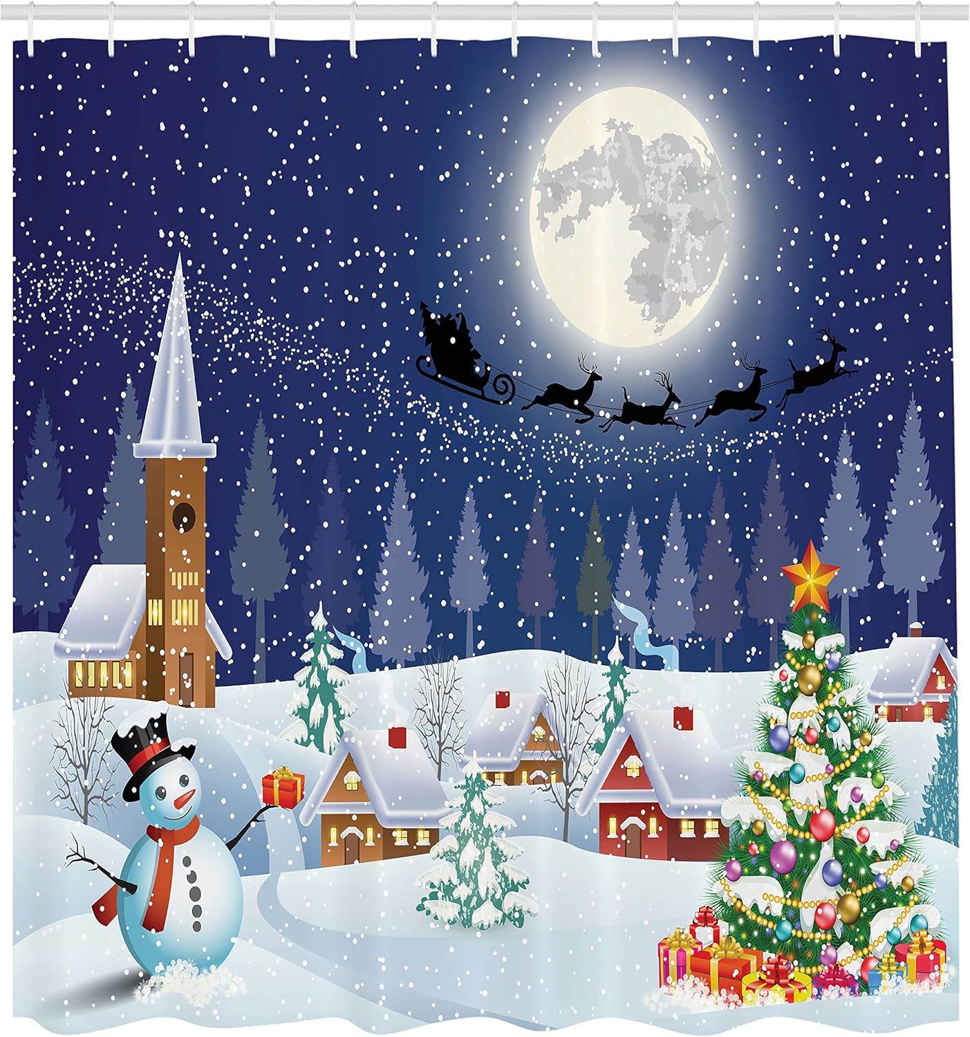 Christmas Shower Curtain with Snowman & Santa Sleigh - Winter Decor Set, 69" x 70" - Fabric with Hooks