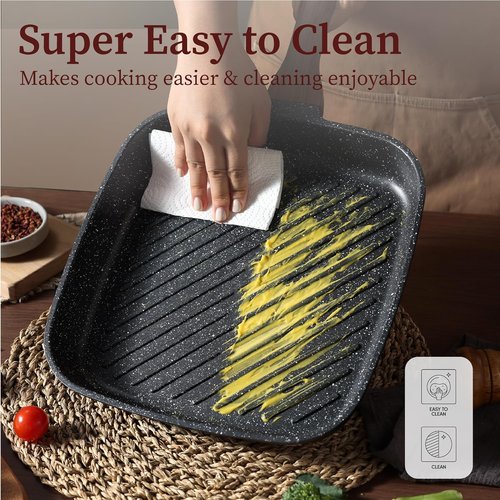 CAROTE 11 Inch Nonstick Grill Pan - Premium Granite Coating, Square Skillet for Indoor/Outdoor Use, PFOA Free, Black
