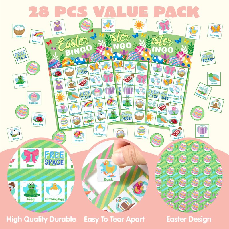 JOYIN 28 Players Easter Bingo Cards (5x5) for Easter Party Goodies Games, Kids School Classroom Gift, Indoor Family Activities, Basket Filler Stuffers