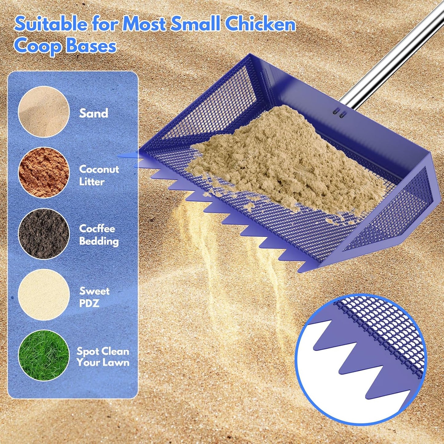 Skiennix Chicken Poop Scooper & Rake - 2-in-1 Stainless Steel Shovel with Handle for Easy Cleanup (Blue, 10")