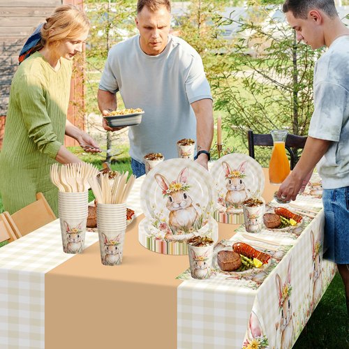 Childom Easter Party Supplies Decorations,147 Pcs Easter Decorations Disposable Tableware Set,Bunny Themed Dinnerware with Plastic Tablecloth Knives Fork,Paper Plates Napkin Cups for Birthday,Parties