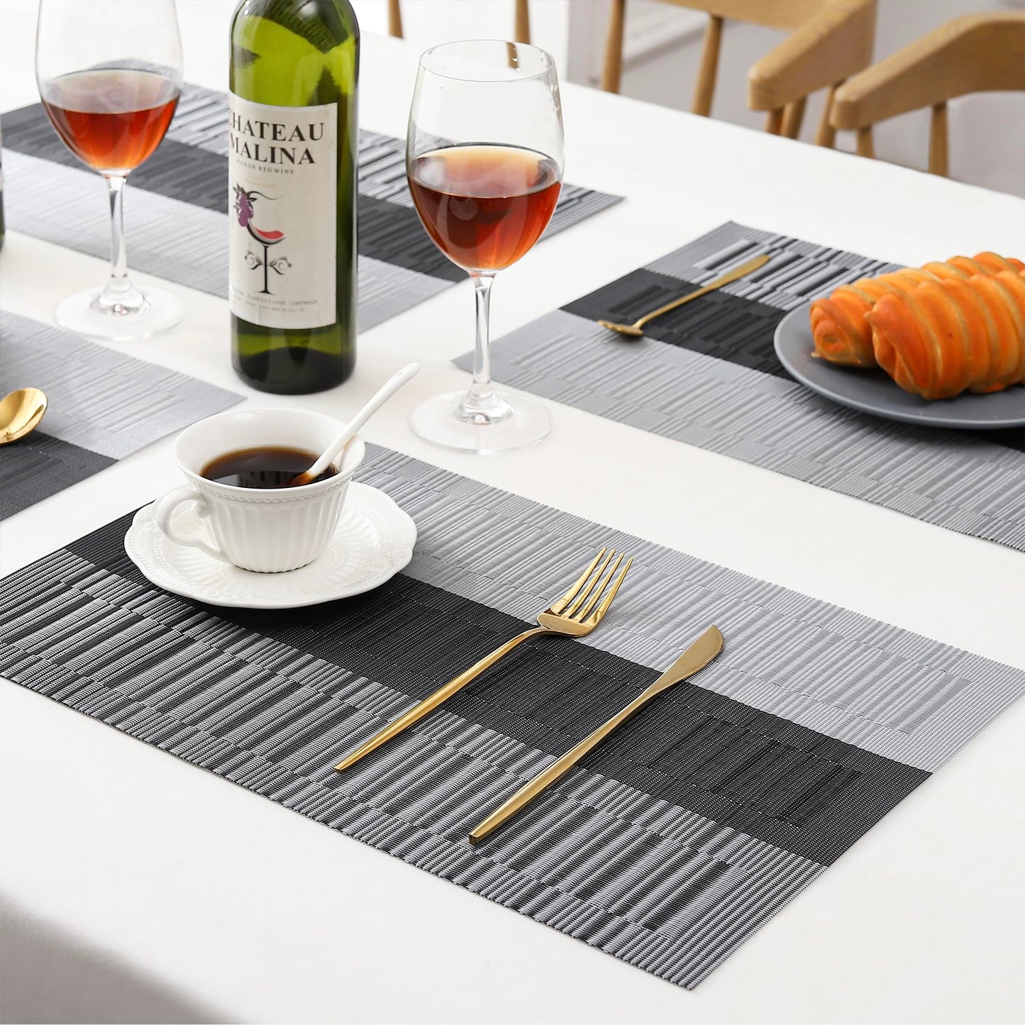 Leetaltree Grey with White Striped Placemats Set of 8 - Heat Resistant Non-Slip Place mats for Dining Table, Washable Durable PVC Vinyl Woven Table Mats(Grey Stripe, 8)