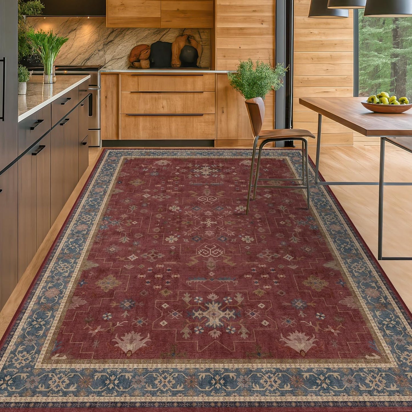 Regine Switzerland Vintage Burgundy 7x9 Dining Room Rug - Lightweight Washable Boho Carpet