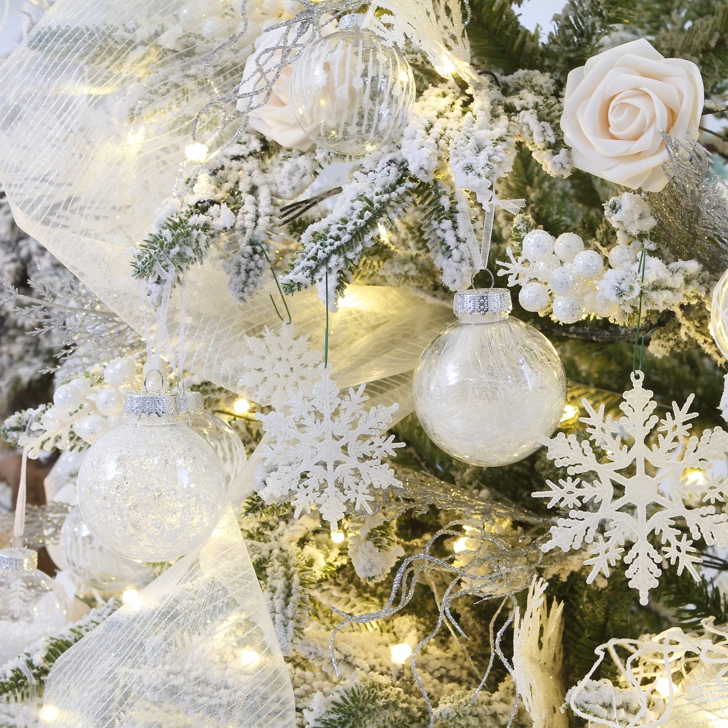 Sea Team 70mm/2.76" Shatterproof Clear Plastic Christmas Ball Ornaments Decorative Xmas Balls Baubles Set with Stuffed Delicate Decorations (24 Counts, White)
