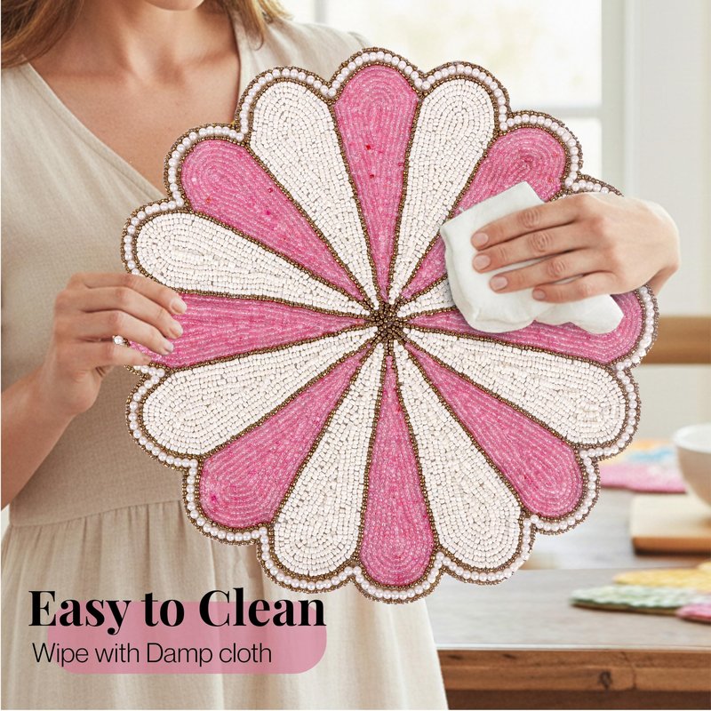 Decorative Beaded Table Mat - 13-Inch Placemat for Dining & Coffee Tables - Handcrafted Beaded Charger Plate - Elegant Place Mat for Dinner Parties & Home Décor (Pink White) - ALPHA Living HOME