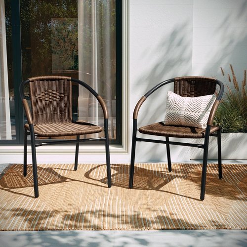 EMMA + OLIVER Modern Rattan Stack Chairs - Set of 2 Indoor/Outdoor with Curved Back, Brown