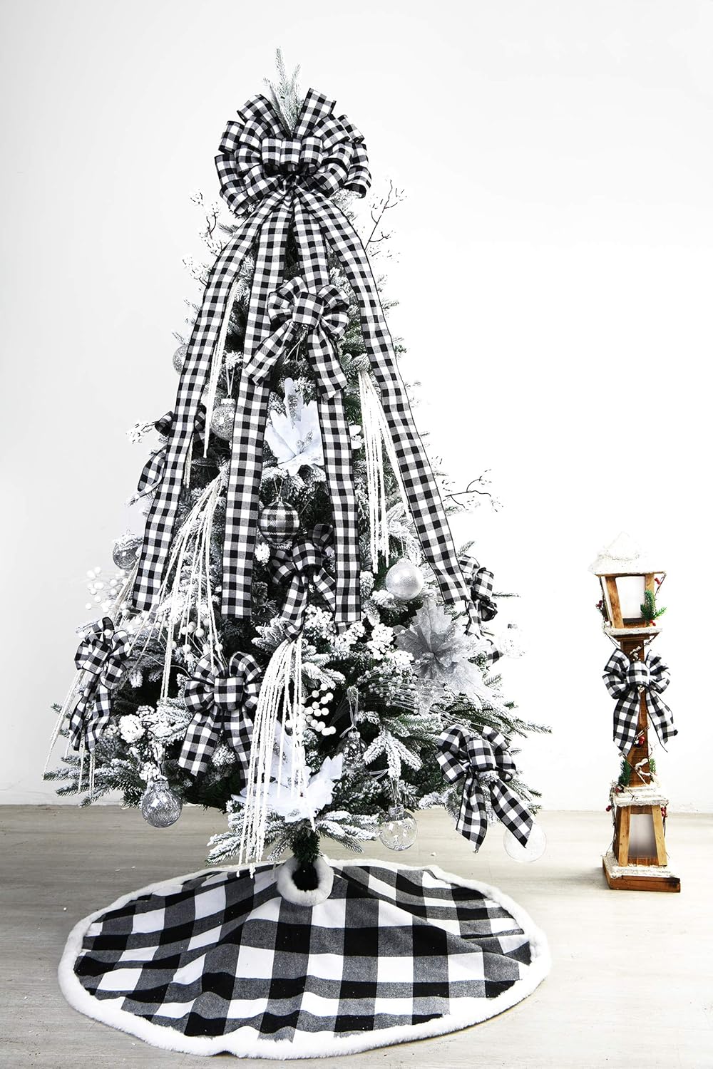 Regine Switzerland Christmas Tree Topper - Large Black and White Plaid Bow | 48x13 Inches Decorative Accent