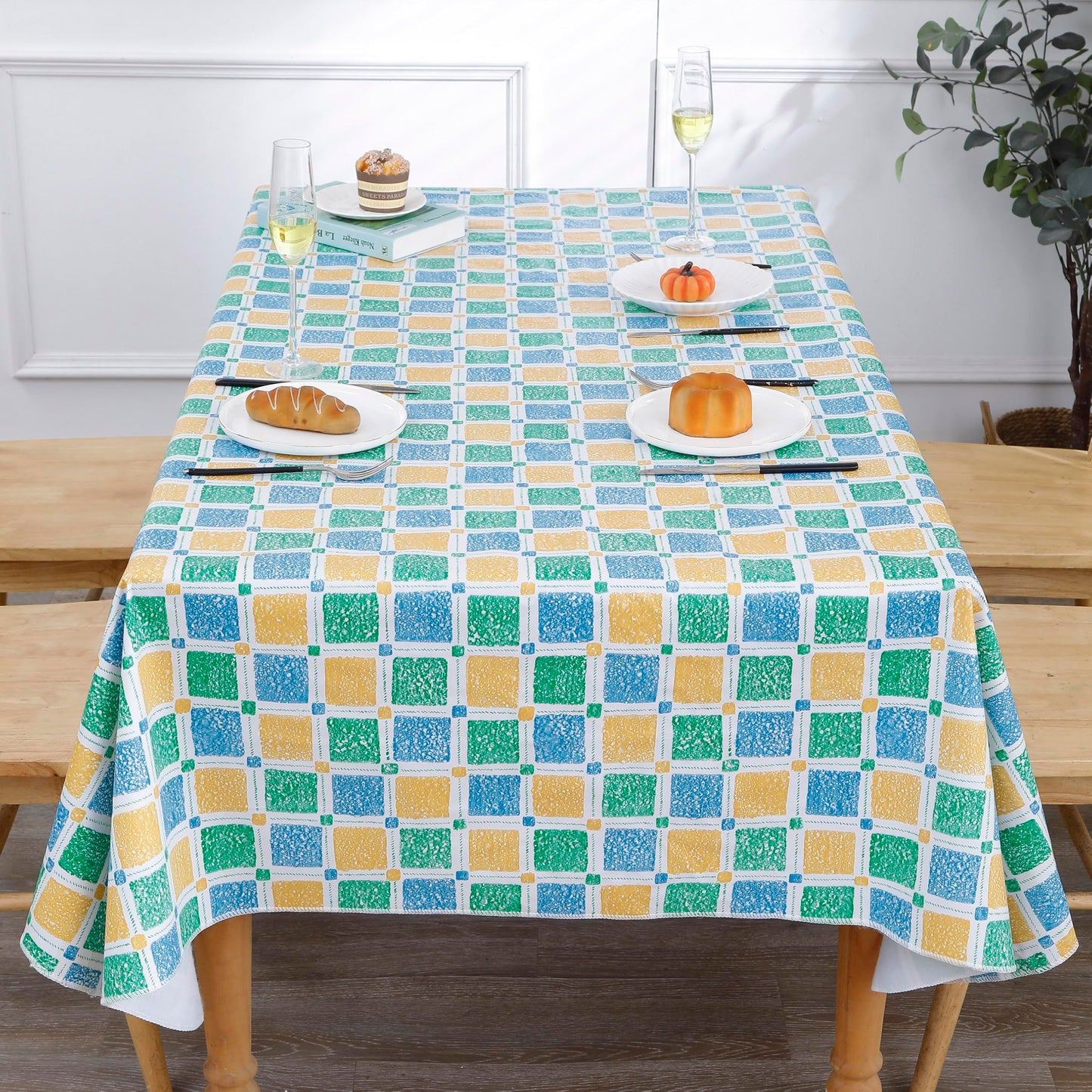 Walrus Heavy Duty Vinyl Tablecloth with Flannel Backing Waterproof Oil-Proof Plastic Table Cloth Stain-Resistant Wipeable Table Cover for Indoor and Outdoor (Stained Glass Checkered,54x54 Inch)