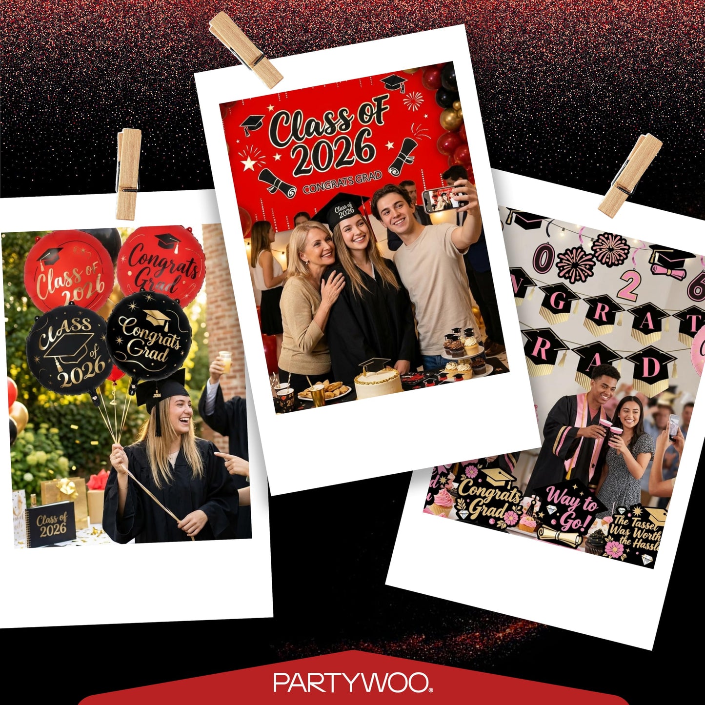 PartyWoo Graduation Decorations Class of 2026 Grad Party Supplies Set with Congrats Grad Red Black Pink Backdrop Banner Hanging Swirls Foil Latex Balloons Graduation Cap Centerpieces Party 40pcs