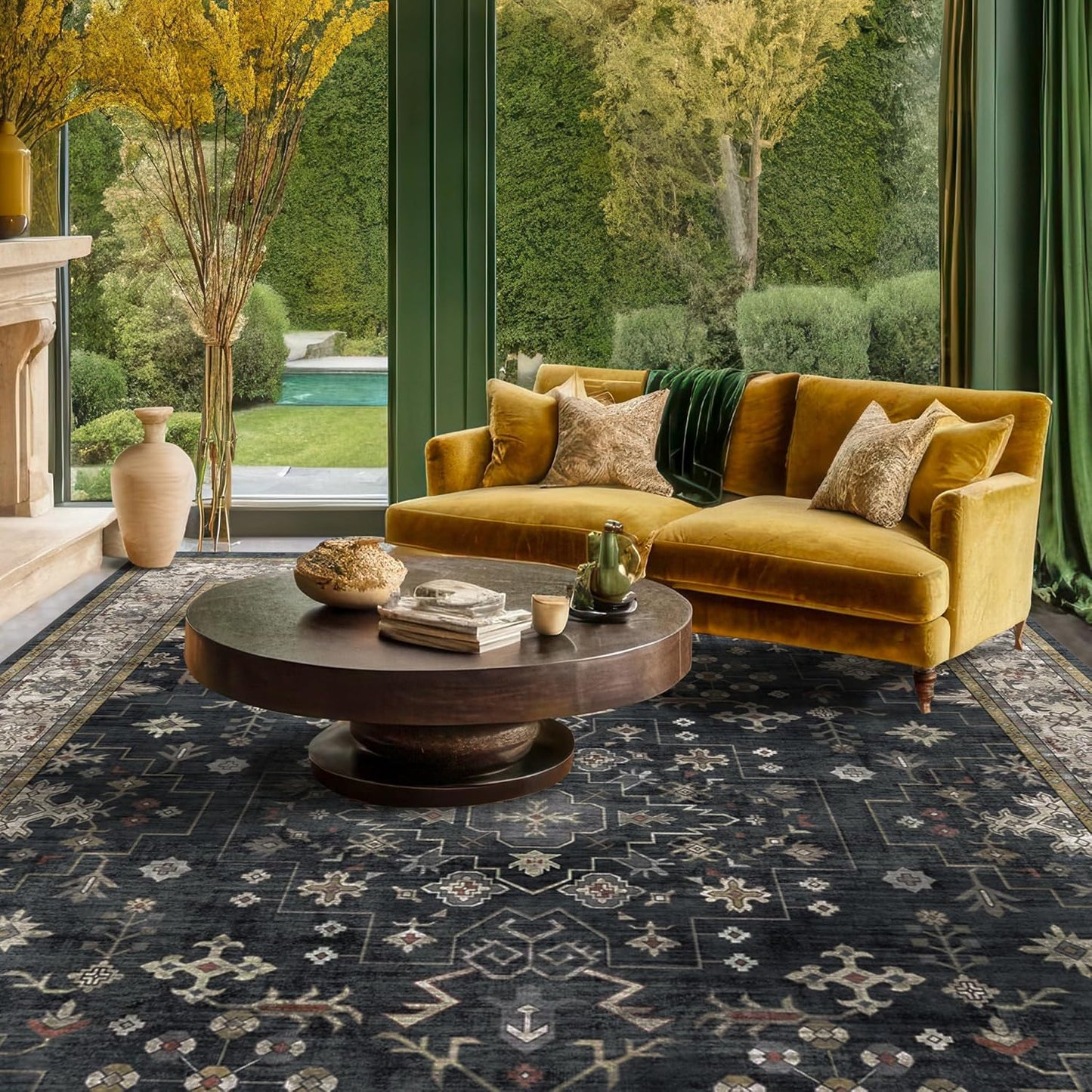 Skiennix Black Boho Rug - Washable Vintage Soft Low Pile Carpet for Living Room 8x12 | Non-Slip Design for High Traffic Areas