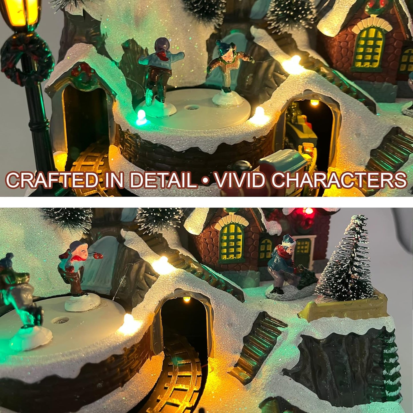 allgala Christmas Village House Crafted Polyresin Christmas House Collectable Figurine with USB and Battery Dual Power Source-Moving Train and Santa-XH93447