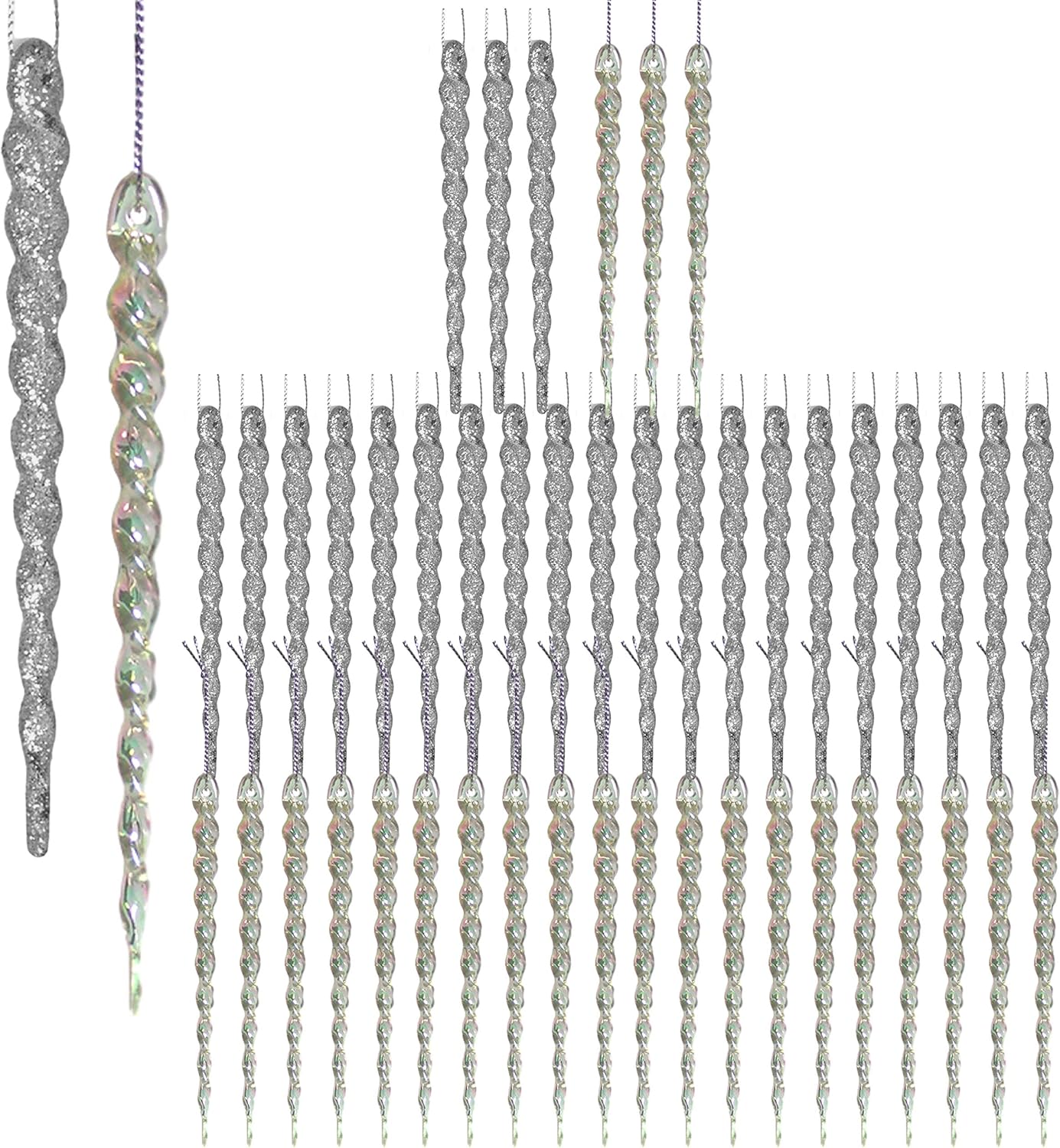 48-Piece Shatterproof Icicle Ornaments Set for Christmas Trees - 24 Glitter Silver & 24 Clear Iridescent - 5” Long