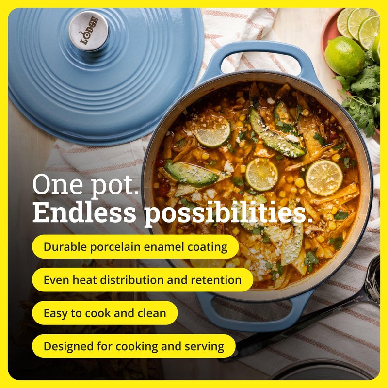 Lodge Essential Enamel Cast Iron Dutch Oven - Perfect for Bread Baking, Braising, Marinating & Slow Cooking - Features Moisture-Sealing Lid & Dual Handles - Kitchen Essentials - 6 Quarts - Storm Blue