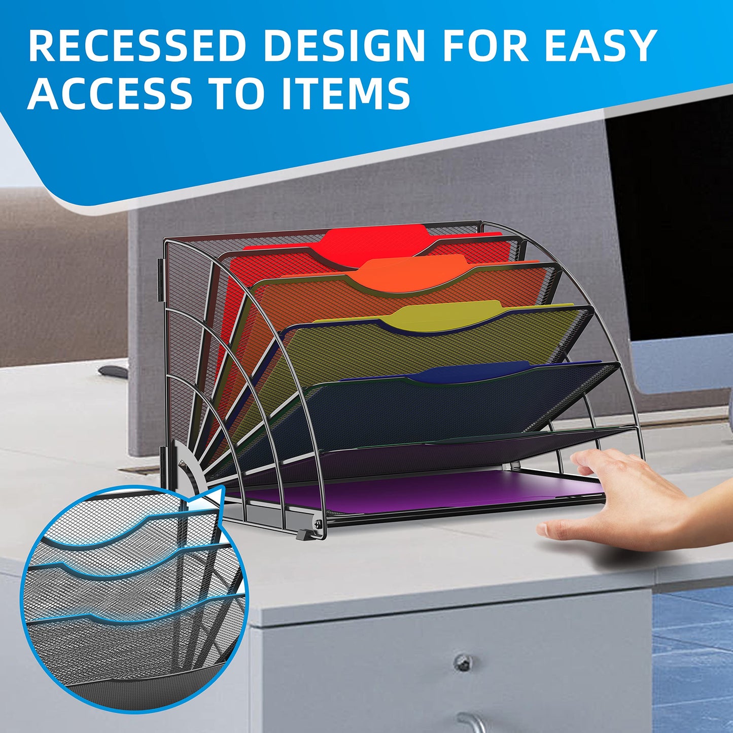 SUPEASY Fan Shaped Desk File Organizer, 6 Compartments for Filing Paper Bills, Letters, Desk Accessories for Workspace, School, Office, Waiting Room, Classroom Storage, Black