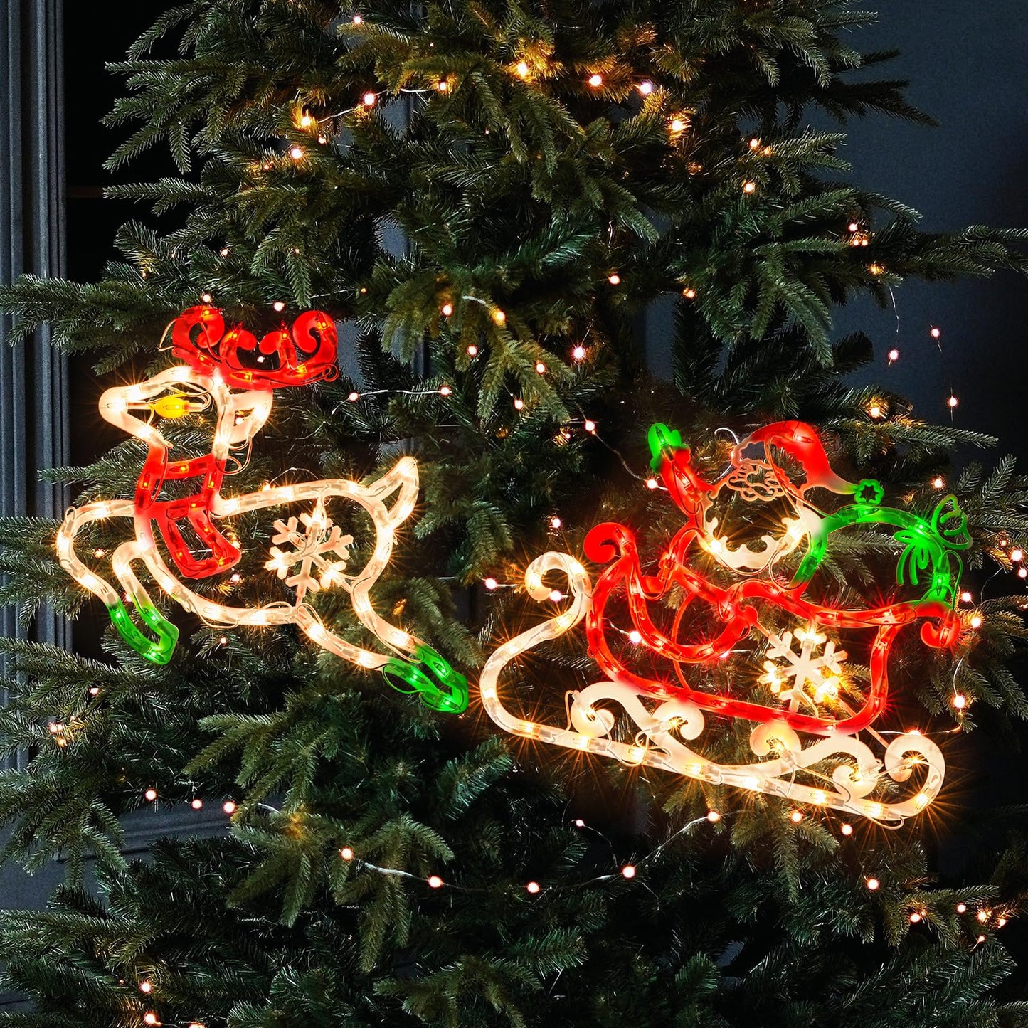 JUSTPRO 50L Lighted Christmas Sculpture,Including: Deer x1,Santa and Sleigh x1, for Holiday Indoor and Outdoor Wall Door Christmas Window Decorate