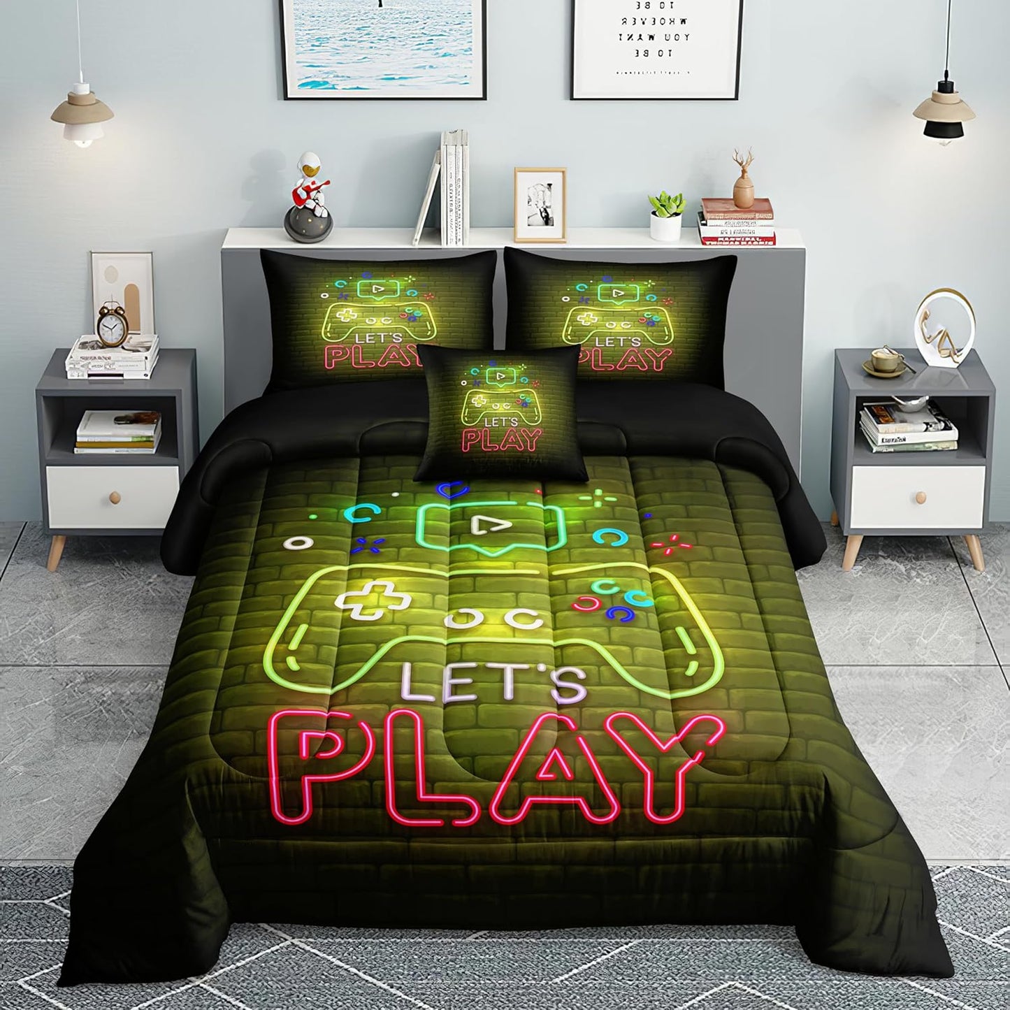 Football Comforter Sets,6 PCS Football Bedding Set,Kids Comforter Sets for Boys,Twin Black and Gold Bed Sets for Boys,Bed in A Bag with Sheets
